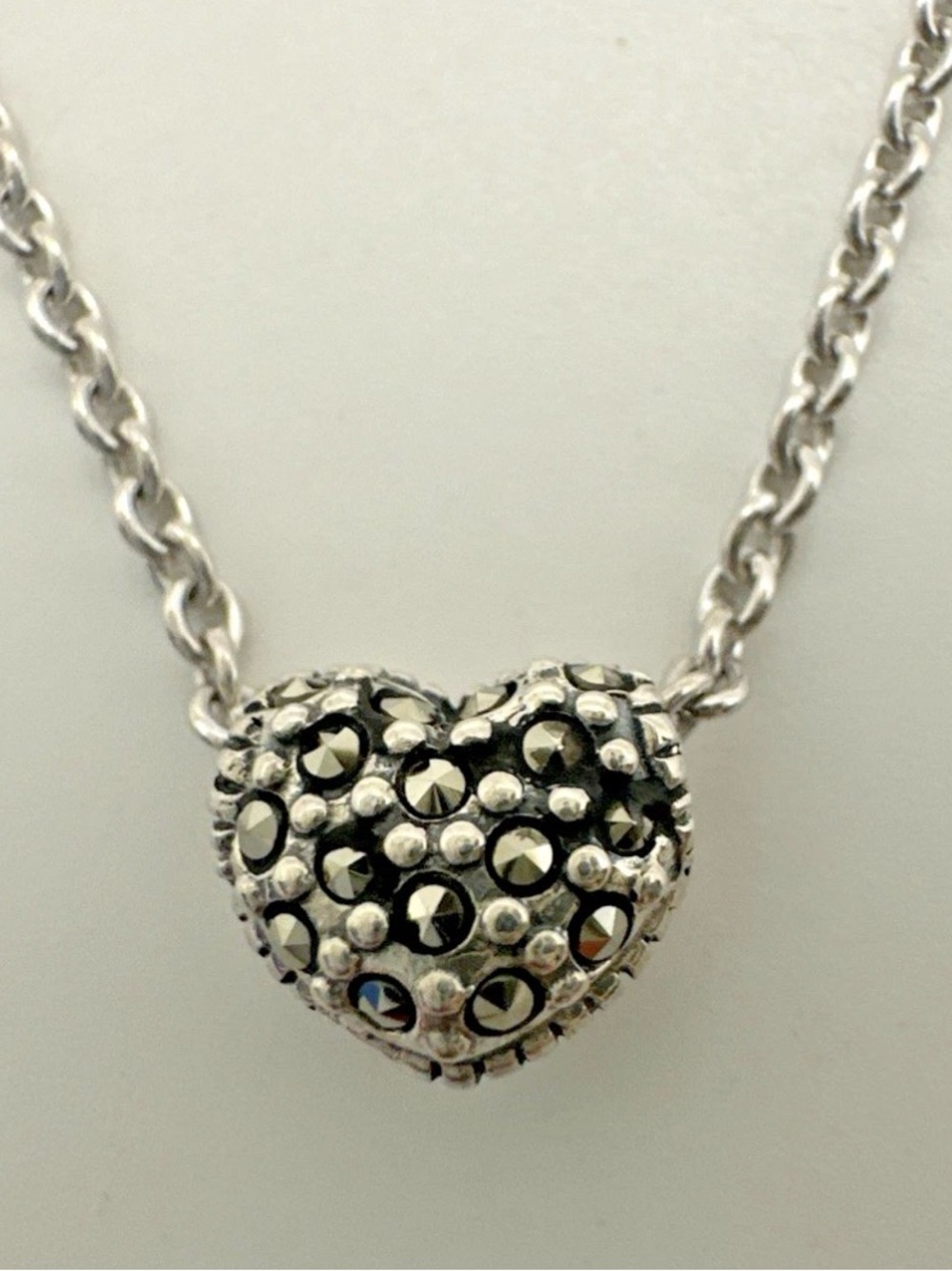 Judith Jack Sterling Silver 925 Heart Marcasite Necklace 16" Two-Sided Heart